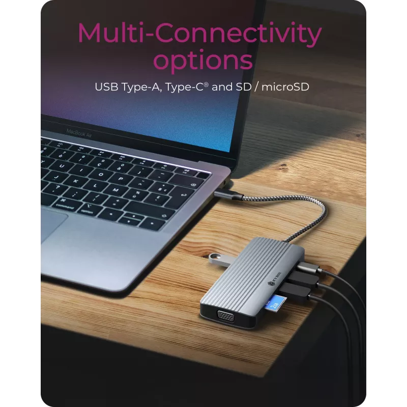 Dokų stotelė ICY BOX IB-DK4040a-CPD — 10-1 USB-C, HDMI 4K60Hz, VGA, 3×USB-A, Gigabit LAN, PD 100W, SD/MicroSD, aliuminis