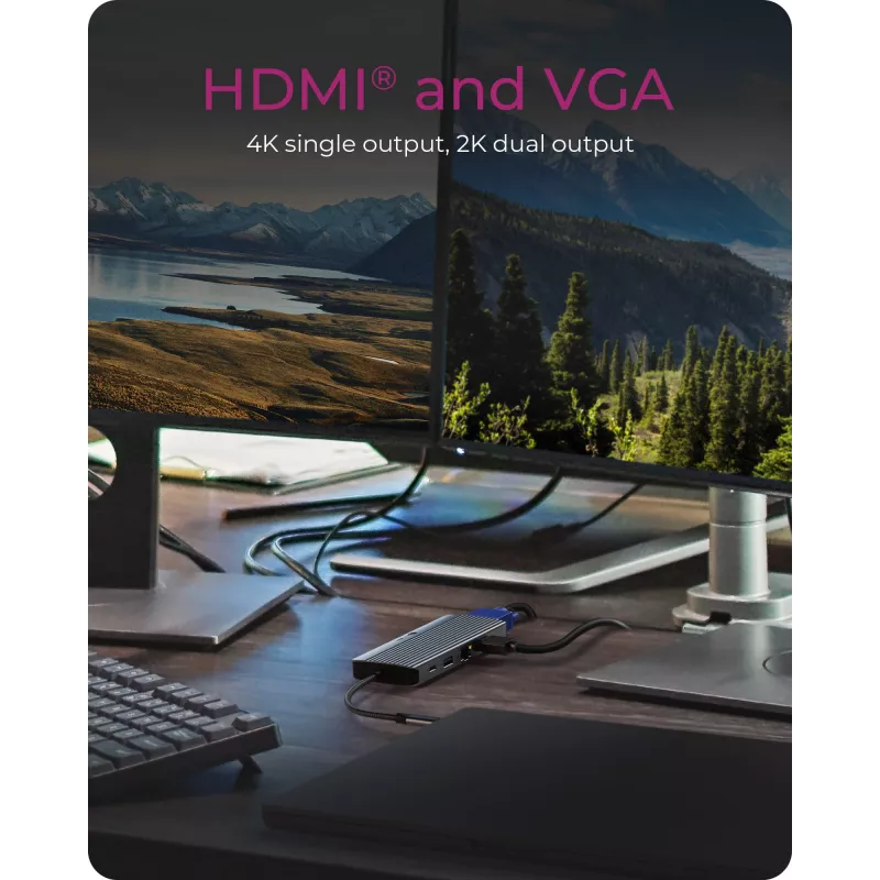 Dokų stotelė ICY BOX IB-DK4040a-CPD — 10-1 USB-C, HDMI 4K60Hz, VGA, 3×USB-A, Gigabit LAN, PD 100W, SD/MicroSD, aliuminis