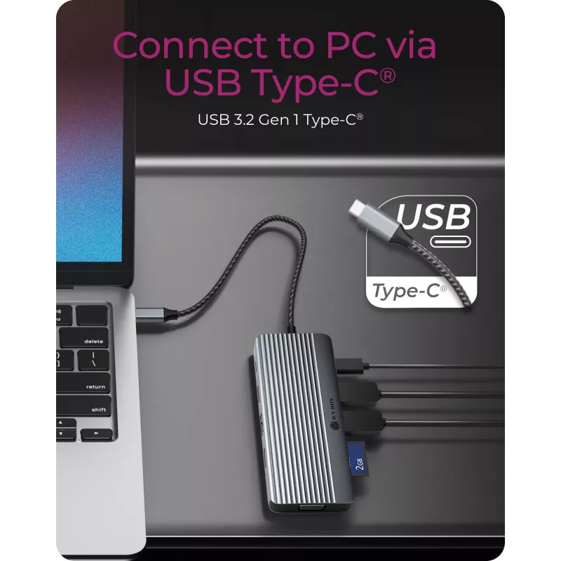 Dokų stotelė ICY BOX IB-DK4040a-CPD — 10-1 USB-C, HDMI 4K60Hz, VGA, 3×USB-A, Gigabit LAN, PD 100W, SD/MicroSD, aliuminis