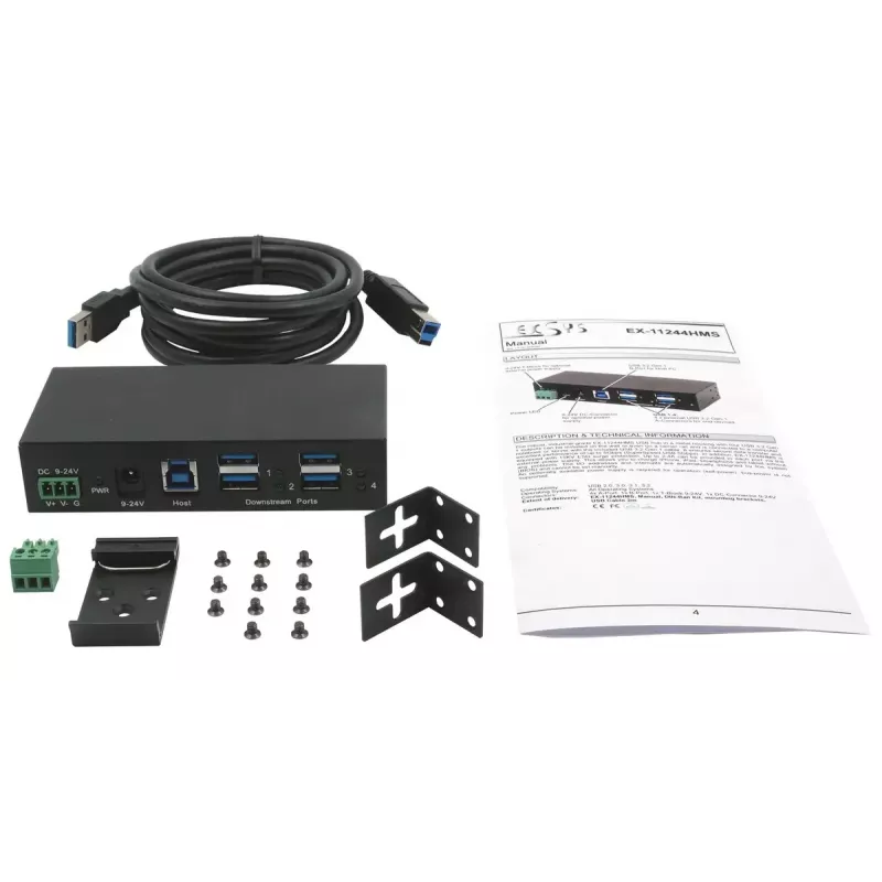 EXSYS EX-11244HMS USB 3.2 Gen 1 Type-B 4 prievadų USB šakotuvas, 5 Gbit/s, juodas