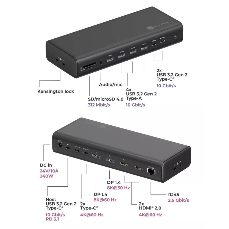 ICY BOX DockingStation 17-in-1, šešios vaizdo išvestys, laidinis, USB 3.2 Gen 2 (3.1 Gen 2) Type-C, 140 W, 3,5 mm, 10,100,1000,2500 Mbit/s, juoda