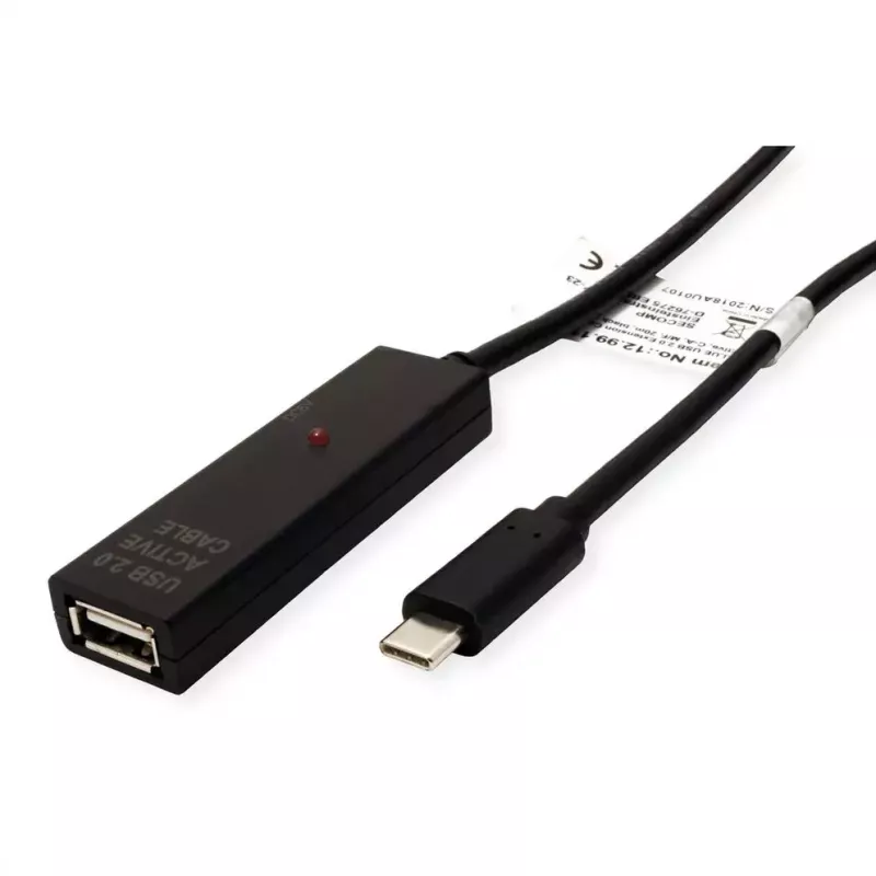 Aktyvus USB 2.0 ilginimo kabelis VALUE 12.99.1114 (USB A lizdas – USB C kištukas, 20 m, juodas)