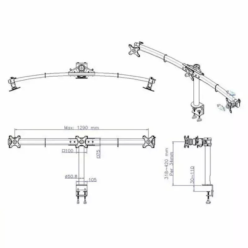 VALUE Triple LCD Arm Desk Clamp juodas – trijų monitorių laikiklis su spaustuvu