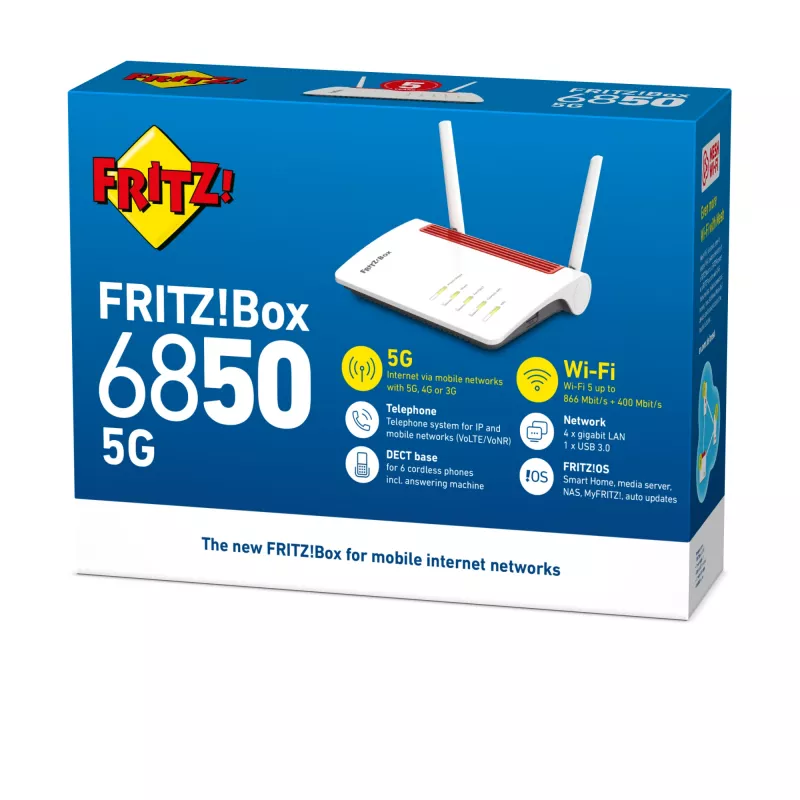 FRITZ!Box 6850 5G belaidis maršrutizatorius Gigabit Ethernet dviejų juostų (2,4 GHz / 5 GHz) baltas