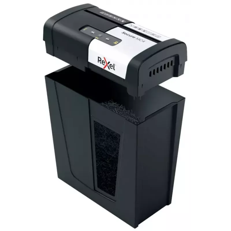 Rexel Secure MC4 popieriaus smulkintuvas, mikro pjūvis, 60 dB, juodas, sidabrinis