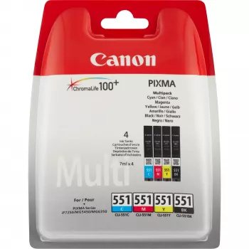 Canon CLI-551 BK/C/M/Y rašalo kasečių rinkinys, standartinė talpa, juoda, žydra, raudona, geltona, 4 vnt., multipack