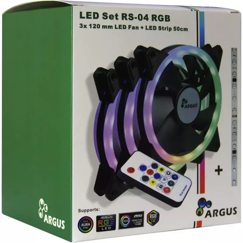 Inter-Tech Argus RS-04 RGB ventiliatorių rinkinys, 3x 120 mm su 50 cm LED juosta ir nuotolinio valdymo pulteliu, juodas