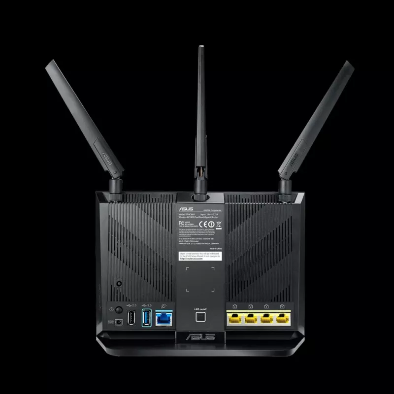 Stalininis belaidis maršrutizatorius ASUS RT-AC2900, dviejų juostų 2,4/5 GHz, Wi-Fi 5 (802.11ac), 2917 Mbps, Gigabit Ethernet, 4 LAN prievadai, USB, 4 antenos