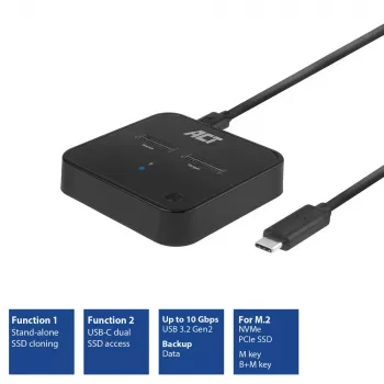 ACT M.2 NVMe/PCIe dviguba SSD dokavimo klonavimo stotelė, USB-C 3.2 Gen2