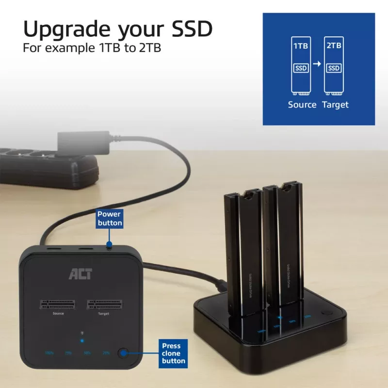 ACT M.2 NVMe/PCIe dviguba SSD dokavimo klonavimo stotelė, USB-C 3.2 Gen2