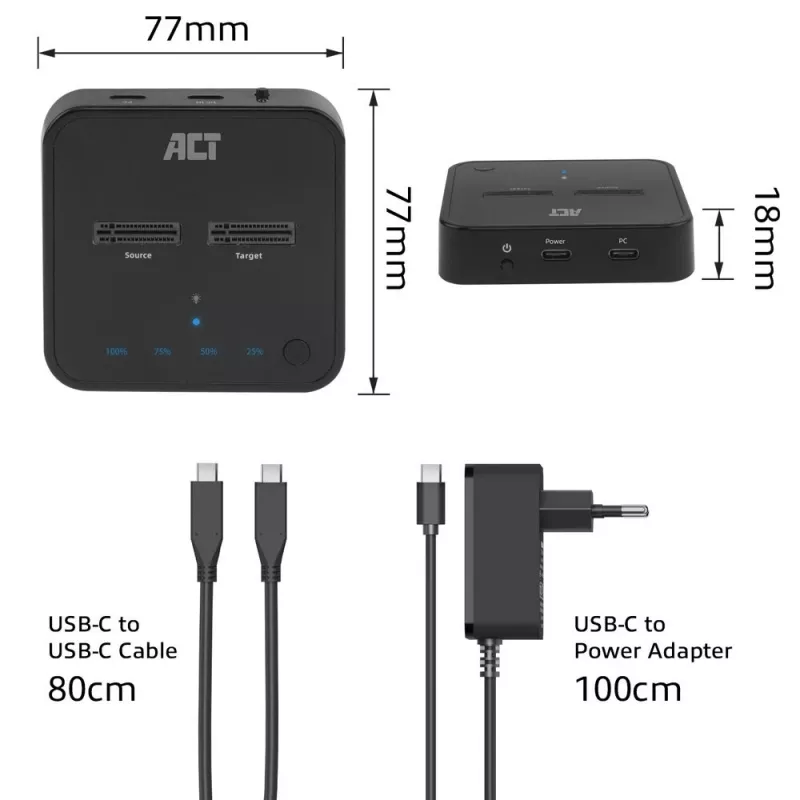 ACT M.2 NVMe/PCIe dviguba SSD dokavimo klonavimo stotelė, USB-C 3.2 Gen2