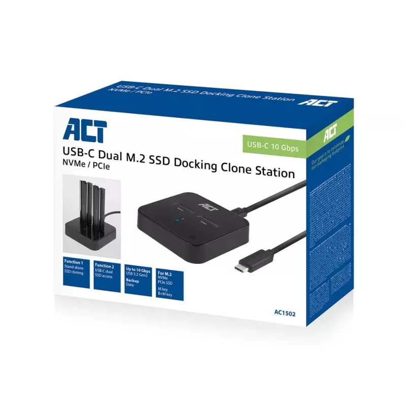 ACT M.2 NVMe/PCIe dviguba SSD dokavimo klonavimo stotelė, USB-C 3.2 Gen2