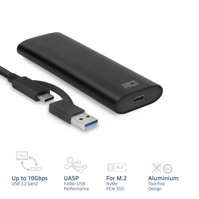 SSD korpusas ACT AC1615 USB-C M.2 NVMe PCIe 10 Gbit/s juodas