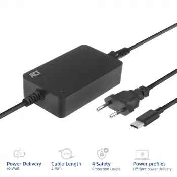 ACT AC2005 USB-C nešiojamojo kompiuterio kroviklis, Power Delivery profiliai, 65 W
