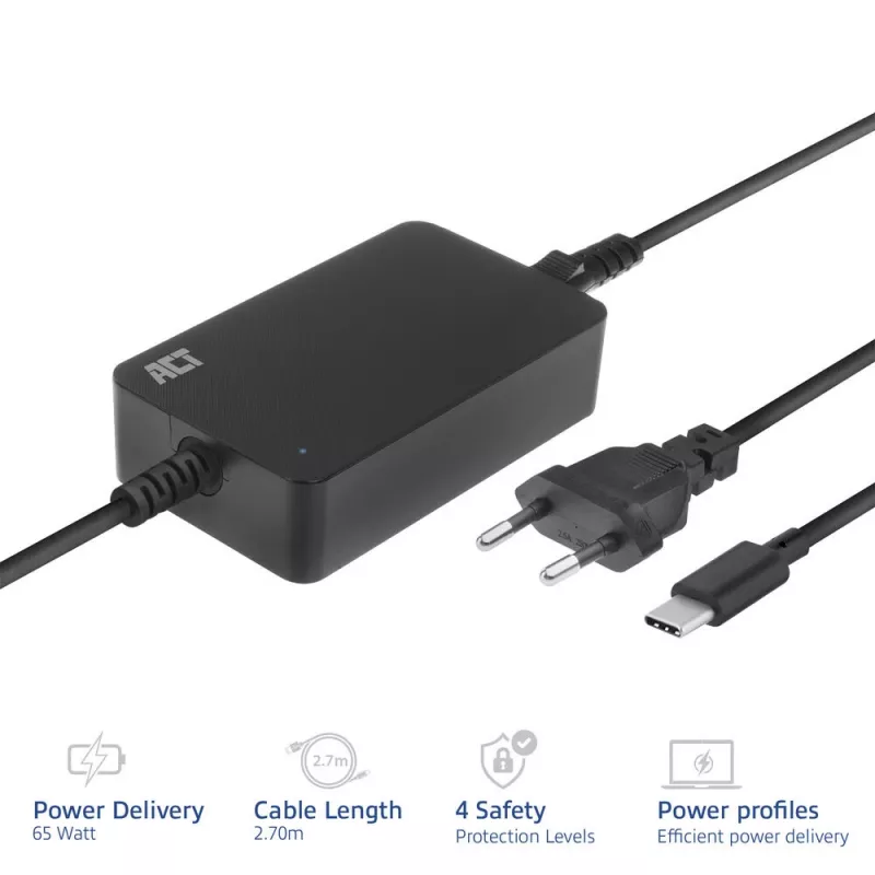 ACT AC2005 USB-C nešiojamojo kompiuterio kroviklis, Power Delivery profiliai, 65 W