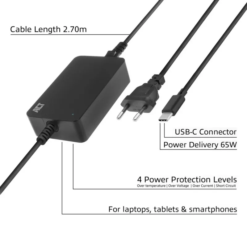 ACT AC2005 USB-C nešiojamojo kompiuterio kroviklis, Power Delivery profiliai, 65 W