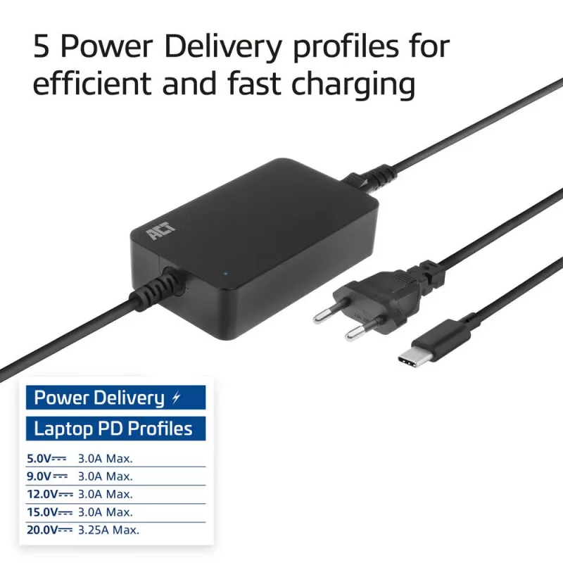 ACT AC2005 USB-C nešiojamojo kompiuterio kroviklis, Power Delivery profiliai, 65 W