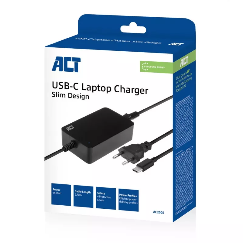 ACT AC2005 USB-C nešiojamojo kompiuterio kroviklis, Power Delivery profiliai, 65 W
