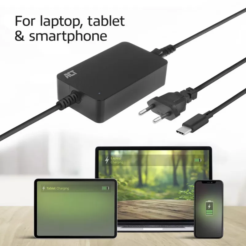 ACT AC2005 USB-C nešiojamojo kompiuterio kroviklis, Power Delivery profiliai, 65 W