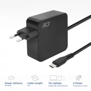 ACT USB-C sieninis nešiojamojo kompiuterio įkroviklis 65W su Power Delivery profiliais, 2 metrai
