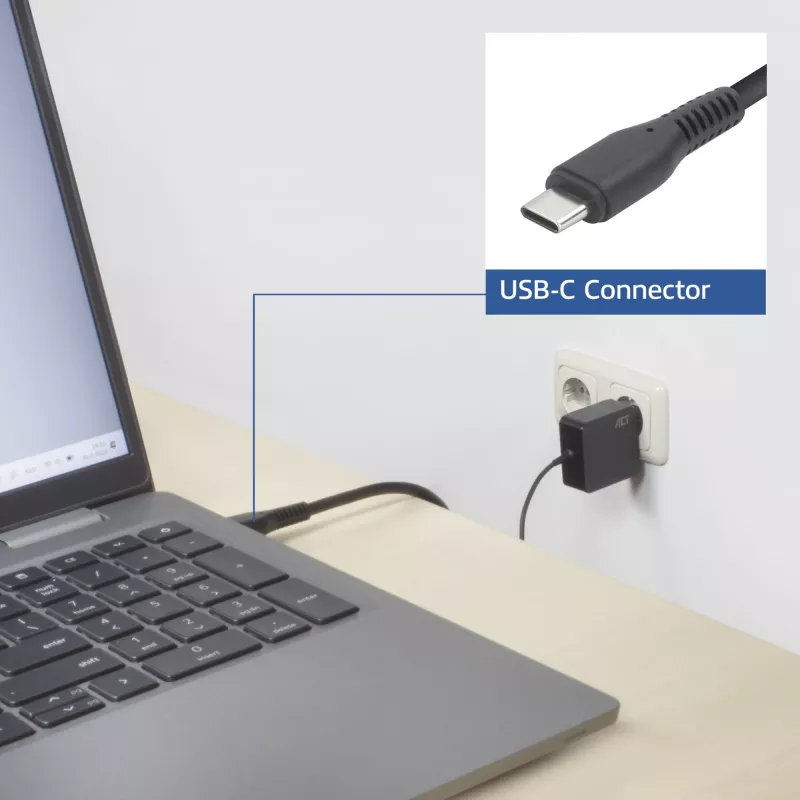 ACT USB-C sieninis nešiojamojo kompiuterio įkroviklis 65W su Power Delivery profiliais, 2 metrai