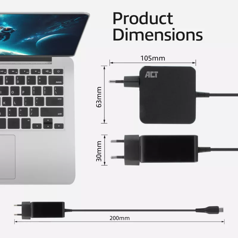 ACT USB-C sieninis nešiojamojo kompiuterio įkroviklis 65W su Power Delivery profiliais, 2 metrai