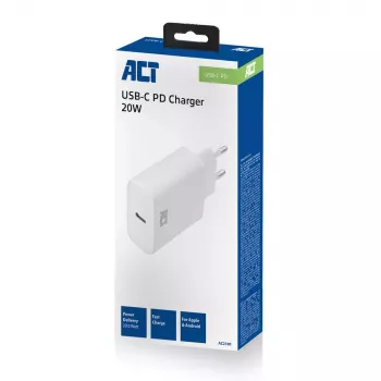 ACT kompaktiškas USB-C įkroviklis 20 W greitasis įkrovimas vidaus universalus baltas
