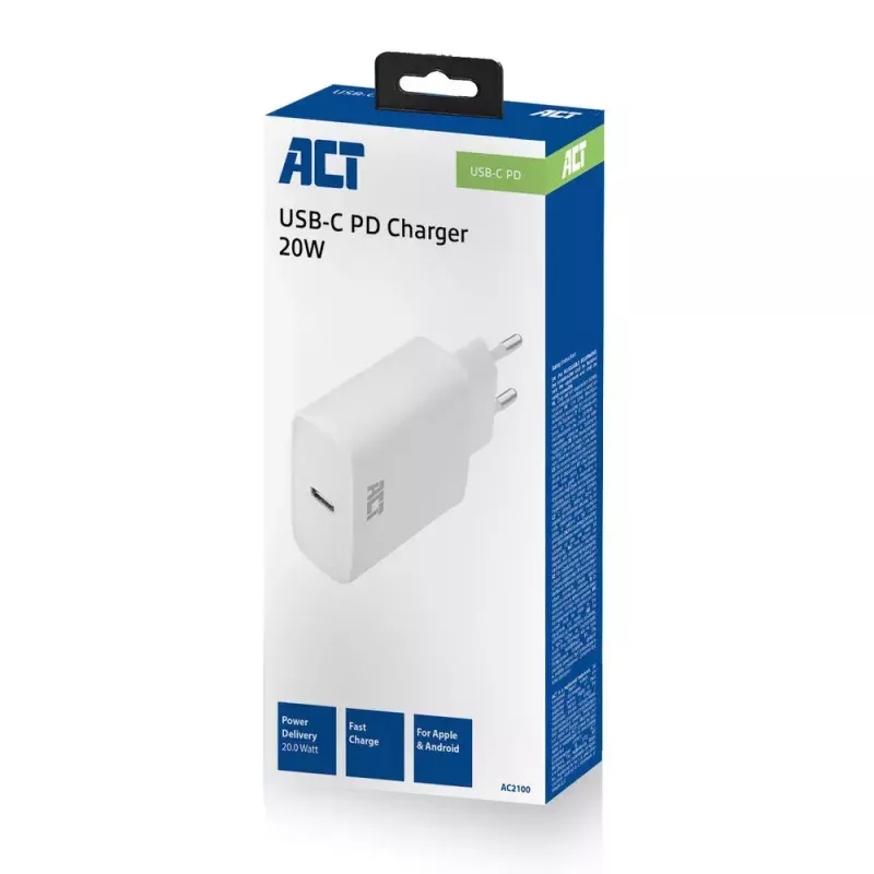ACT kompaktiškas USB-C įkroviklis 20 W greitasis įkrovimas vidaus universalus baltas