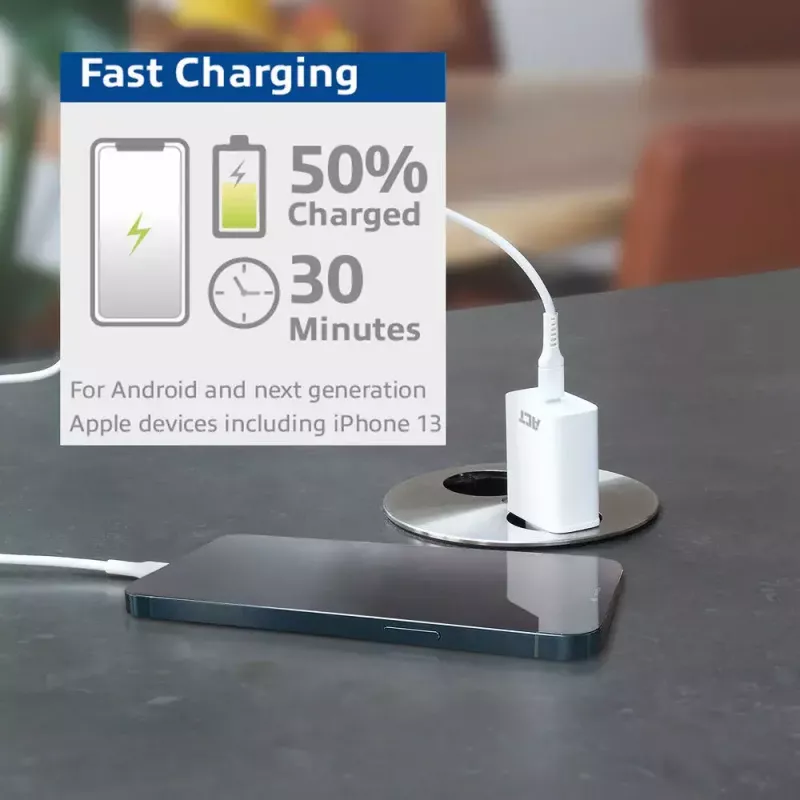 ACT kompaktiškas USB-C įkroviklis 20 W greitasis įkrovimas vidaus universalus baltas