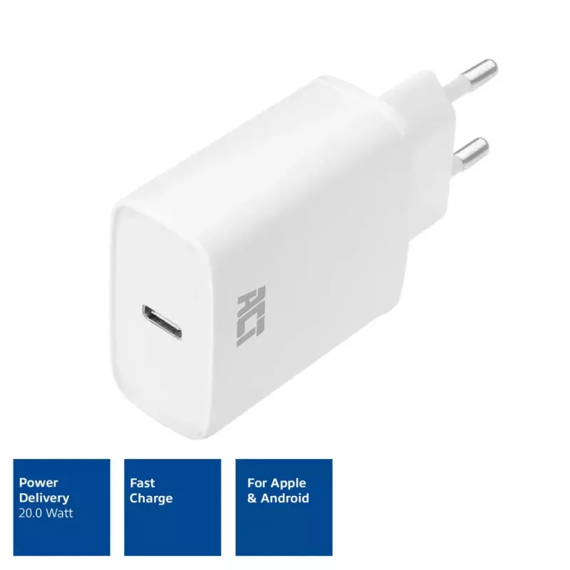 ACT kompaktiškas USB-C įkroviklis 20 W greitasis įkrovimas vidaus universalus baltas
