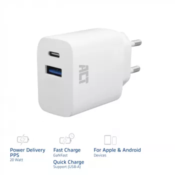 ACT USB-C ir USB-A įkroviklis 20W su Power Delivery PPS, Quick Charge, GaNFast