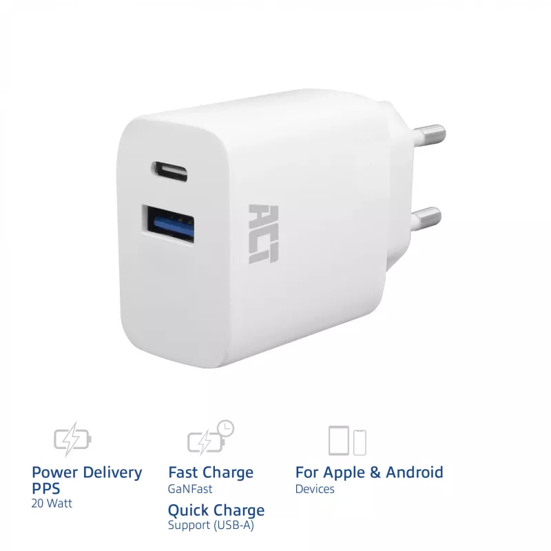 ACT USB-C ir USB-A įkroviklis 20W su Power Delivery PPS, Quick Charge, GaNFast