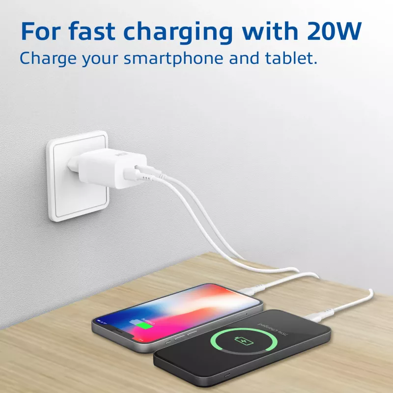 ACT USB-C ir USB-A įkroviklis 20W su Power Delivery PPS, Quick Charge, GaNFast