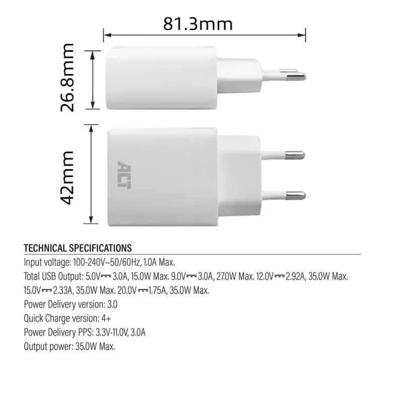 USB-C įkroviklis ACT 35W Power Delivery PPS GaNFast Universal