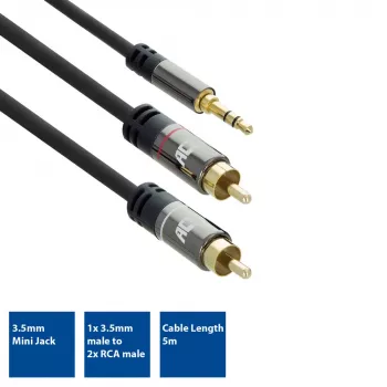 ACT 5 m aukštos kokybės garso jungiamasis kabelis 1x 3,5 mm stereo kištukas - 2x RCA kištukas