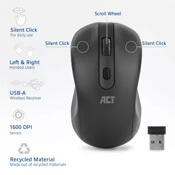 Belaidė pelė ACT Wireless Mouse 1600 DPI, tylus spustelėjimas, ekologiška, iš perdirbtų medžiagų