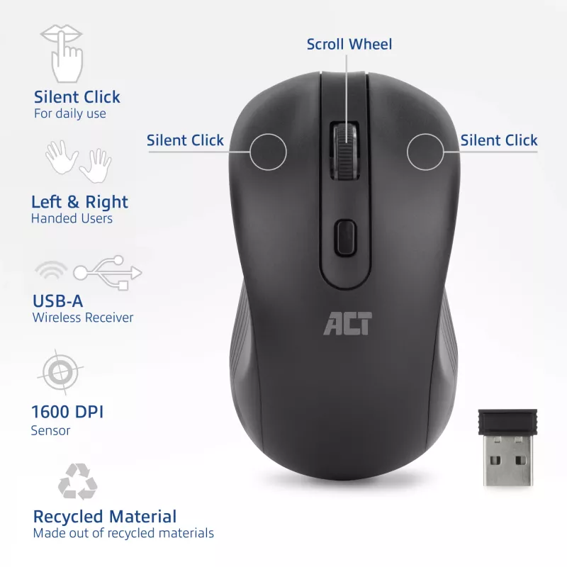 Belaidė pelė ACT Wireless Mouse 1600 DPI, tylus spustelėjimas, ekologiška, iš perdirbtų medžiagų