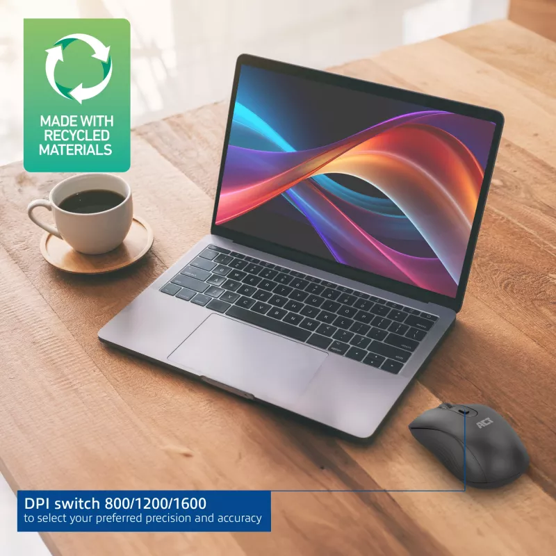 Belaidė pelė ACT Wireless Mouse 1600 DPI, tylus spustelėjimas, ekologiška, iš perdirbtų medžiagų