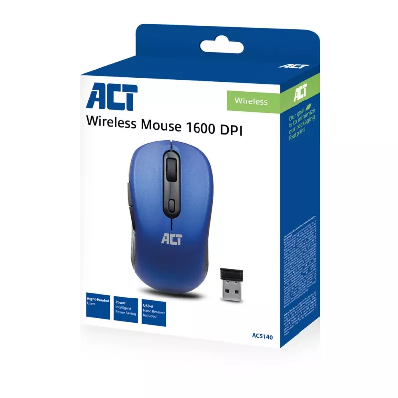 Belaidė pelė ACT Wireless Mouse 1600 DPI, dešinei rankai, optinė, RF, mėlyna