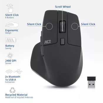 ACT AC5146 belaidė pelė Bluetooth / USB-A, 2400 DPI, tylūs mygtukai, ekologiška
