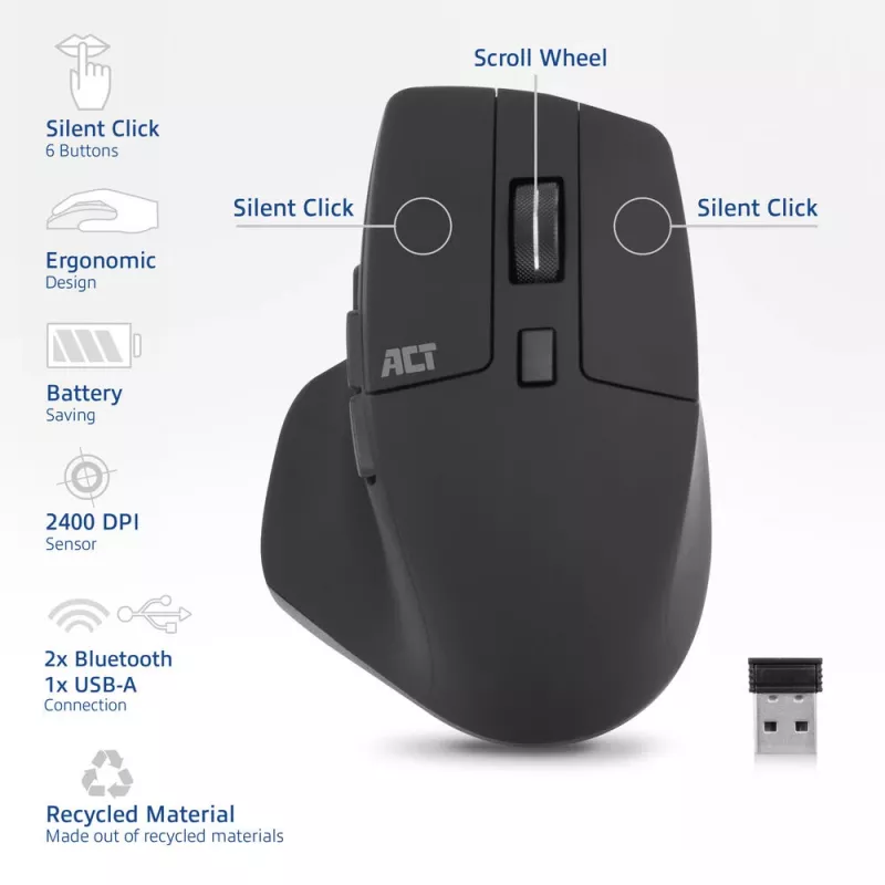 ACT AC5146 belaidė pelė Bluetooth / USB-A, 2400 DPI, tylūs mygtukai, ekologiška