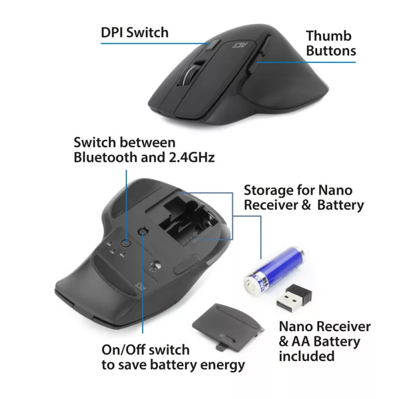 ACT AC5146 belaidė pelė Bluetooth / USB-A, 2400 DPI, tylūs mygtukai, ekologiška
