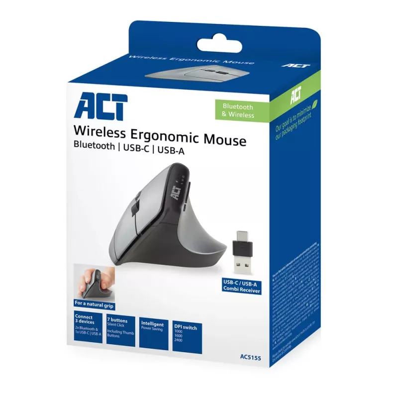ACT AC5155 Belaidė ergonominė pelė su Bluetooth ir USB-C/USB-A imtuvu