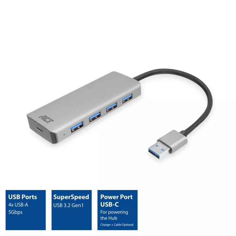 USB Hub ACT AC6121 Type-A 5000 Mbit/s Aliuminis