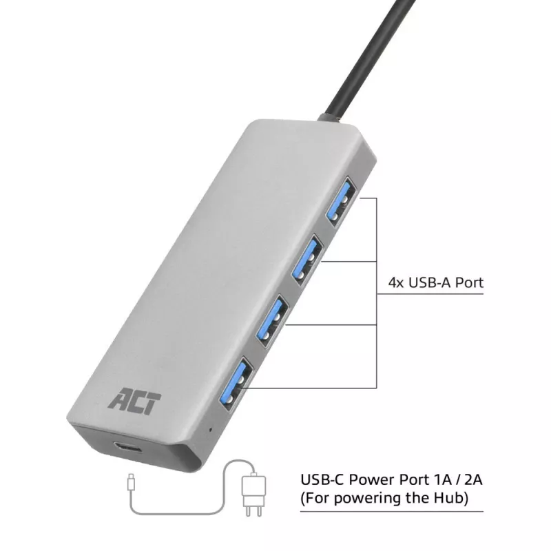 USB Hub ACT AC6121 Type-A 5000 Mbit/s Aliuminis