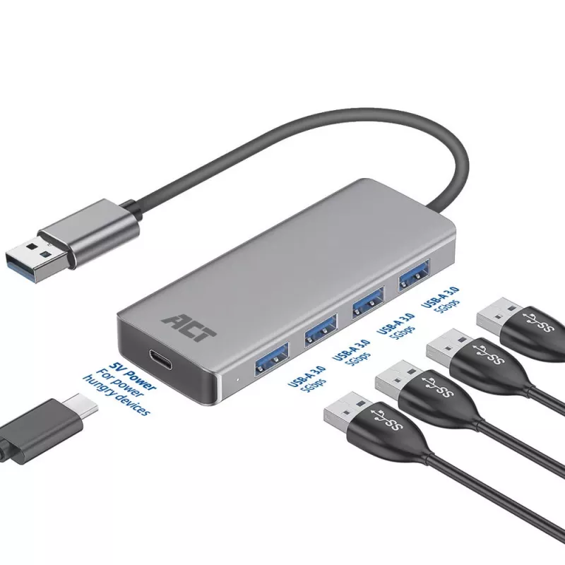 USB Hub ACT AC6121 Type-A 5000 Mbit/s Aliuminis