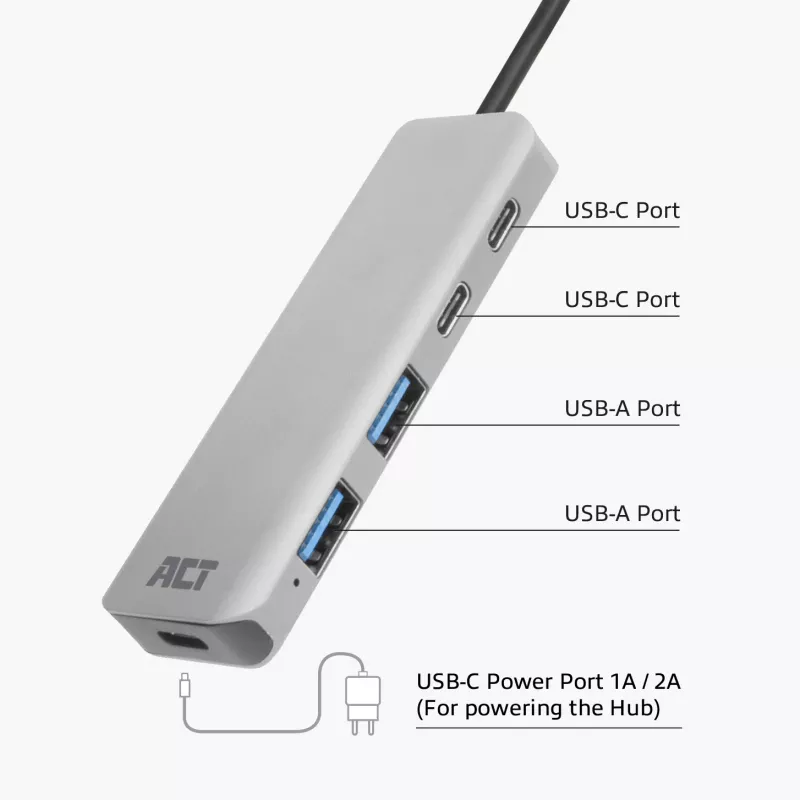 USB šakotuvas ACT AC6125 3.2 Gen 1 Type-A 5000 Mbit/s Pilka