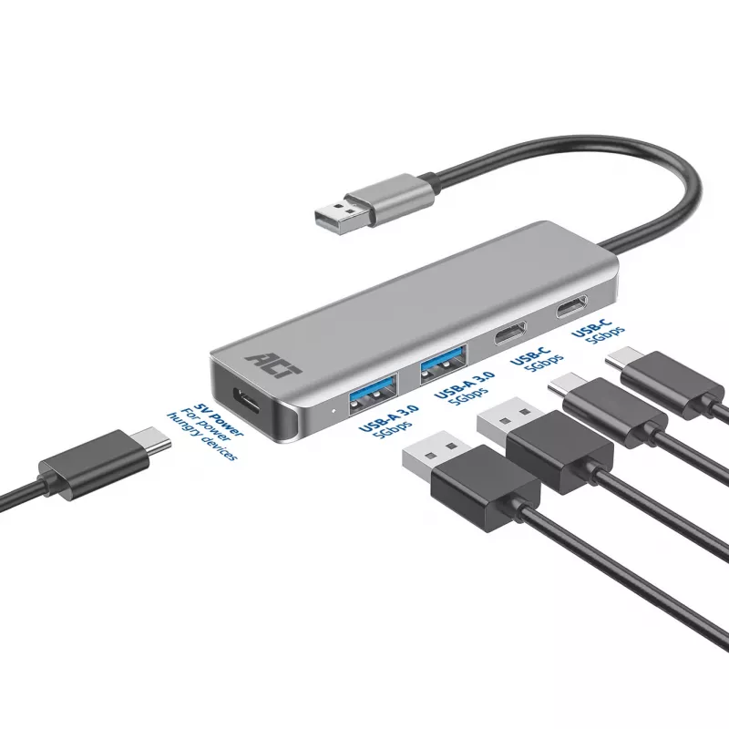 USB šakotuvas ACT AC6125 3.2 Gen 1 Type-A 5000 Mbit/s Pilka