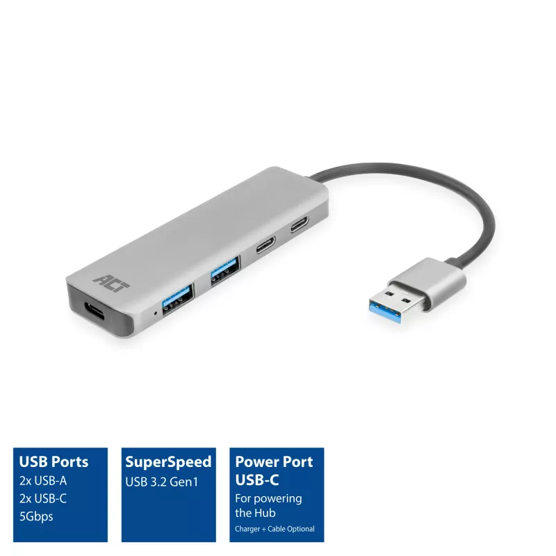 USB šakotuvas ACT AC6125 3.2 Gen 1 Type-A 5000 Mbit/s Pilka