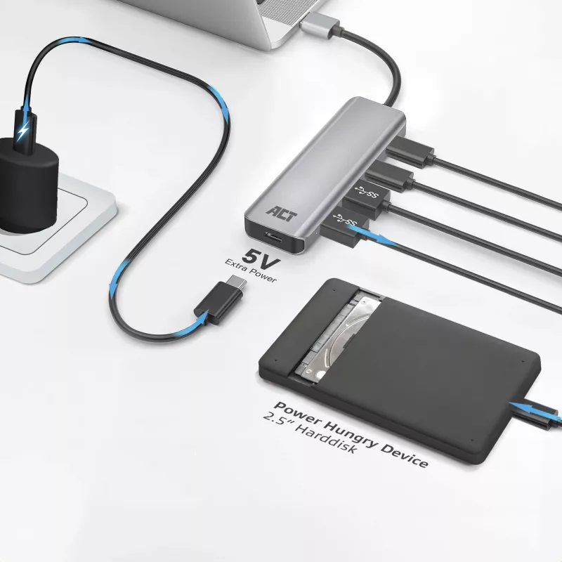 USB šakotuvas ACT AC6125 3.2 Gen 1 Type-A 5000 Mbit/s Pilka
